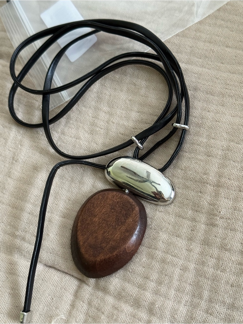 Handcrafted Brown Wood & Silver Pendant Necklace on Black Cord